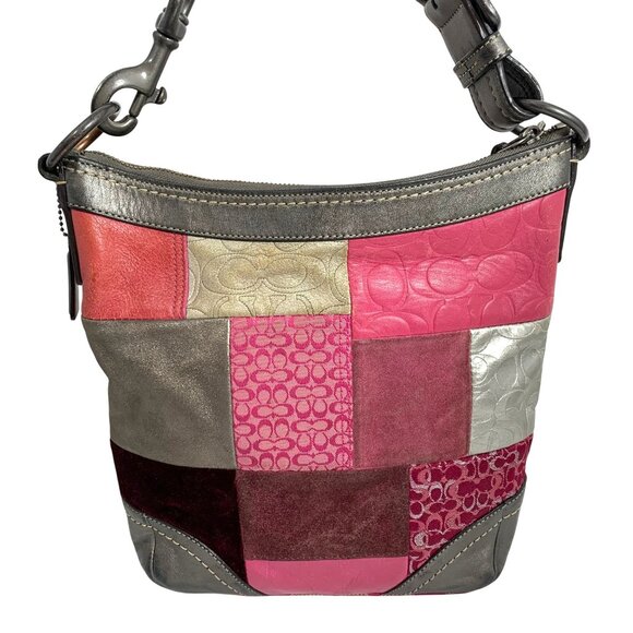 COACH Patchwork Silver Pink Signature Leather Suede F12863 Shoulder Bag + Tag - Picture 3 of 12